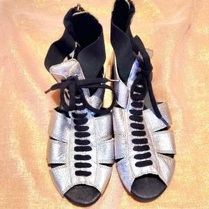 OTBT Retro 90s Futuristic Silver Metallic Lace-up Leather Peeptoe Sandals